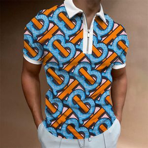 2024 Summer 3D Pattern Zipper Polo Shirt Mens T-shirt Casual Large Short sleeved Top