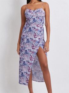 Casual Dresses Chronstyle Women Floral Print ärmlös klänning Summer Spaghetti Strap High Split Party Long For Cocktail Beach Streetwear