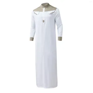 Ethnische Kleidung Herren Kontrastfarbe Muslim Robe Langarm Halbreißverschluss Kaftan Jubba Thobe Lässige islamische Dubai Roben Männlich Musulmane