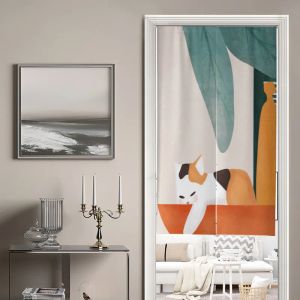 Cortinas moderna arte abstrata pintura nordic porta cortina para cozinha quarto partição decorativa linho pendurado gato meia cortina