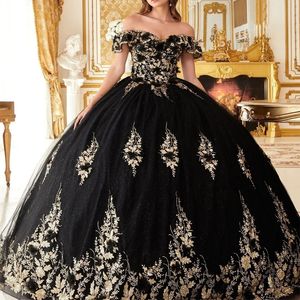 Princesa negra Quinceanera vestidos vestido de bola do ombro Apliques de renda Sweet 16 Dressos 15 Anos mexicanos