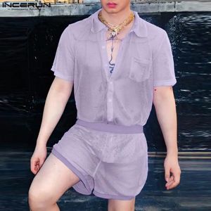 Män sätter nät transparent lös kort ärmskjorta shorts 2st streetwear semester sexiga solida mens kostymer s-5xl incerun 240311