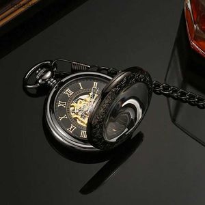 Pocket Watches Vintage Steampunk Mechanical Men Pocket for Wedding Gift Black Transparent Dial Class Fob Necklace Pendant Clocks L240322