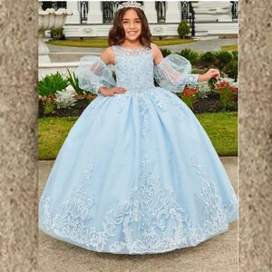 Girl Dresses Appliques Lace Tulle Flower Dress Ball Gown Puffy Princess First Communion With Removable Ruff Sleeve Cute Christmas