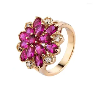 Anéis de cluster de alta qualidade cristal floco de neve cz retro anel 925 prata banhado a ouro jóias rosa vermelho cristais austríacos tamanhos completos atacado