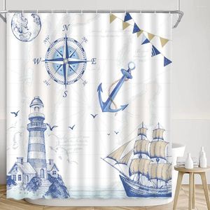 Cortinas de chuveiro oceano âncora cortina vintage náutico farol bússola veleiro aquarela mapa poliéster tecido banheiro decoração conjunto