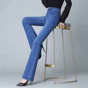 Calça feminina elástica de cintura alta, tamanho grande, emagrecimento e jeans levemente queimado, primavera solta, rechonchuda, perna larga