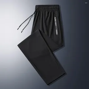 Calças masculinas respirável sweatpants casuais calças de verão para homem de secagem rápida esporte de seda gelo com bolsos com zíper cordão