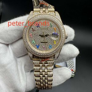 Volldiamant-Herrenuhr, automatisch, mechanisch, Regenbogenfarben, arabische Zahlen, Zifferblatt, 40 mm, Saphir, mit diamantbesetztem Stahlarmband