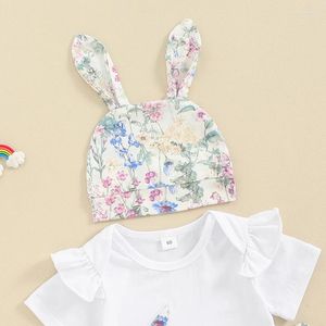 Set di abbigliamento Neonata Vestito pasquale Volant Manica corta Stampa Pagliaccetto Floreale Campana con cappello 3 pezzi Abiti estivi