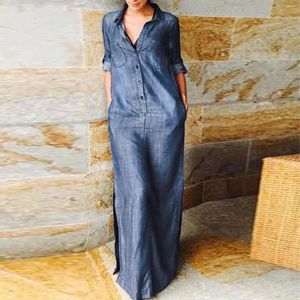 Casual Dresses Summer For Women 2024 Women's Chic and Elegant Kön Neutral Long Sleeve Split Pure Color Maxi Denim Dress