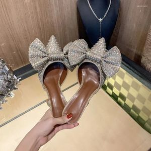 Slippers 2024 European Station Pointed Bow Sandals Diamond Versatile Ultra High Heel Thin Baotou Sandal Women's Shoes Summer Hot With Box