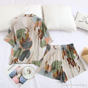 New Palm Leaf Printing Pajamas Home Wear 2020 Summer Short Sleeved Loungewear Shorts Sleepwear Sexy Home Clothes 005