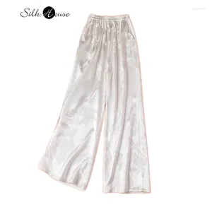 Women's Pants 2024 Fashion Spring 45MM Heavyweight Natural Mulberry Silk Jacquard Satin White Versatile Wide Leg