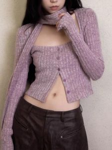 Malhas femininas japonês curto cardigan com cachecol moda coreana roxo malhas vintage gola quadrada colheita cardigans estética y2k topos