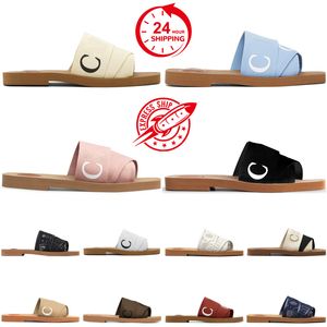 Mulheres Sandálias Woody Designer Flat Slides Bege Branco Preto Azul Rosa Lace Lettering Tecido Chinelos de Lona Mulheres Sapatos de Verão Flip-Flops