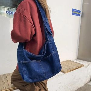 DrawString Lazy Style Denim Canvas Messenger Shoulder Bag Retro College Leisure Shopping Stora kapacitetsklasshandväskor för kvinnliga män