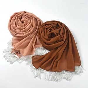 Abbigliamento etnico Donne musulmane Tinta unita Chiffon Scialli Hijab Sciarpa di Dubai Avvolge la testa Turbante Festa di lusso Perline Strass Nappa Foulard