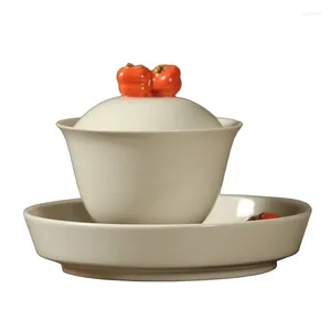 Teaware Sets Ceramic Cover Teacup Single Persimmon Gaiwan Jingdezhen Handmade Tea Set Grass Wood Gray Bowl