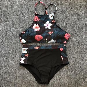 Women's Swimwear Two Pieces Women High Waist Brazilian Swimsuit Bathing Suits Floral Printing High-neck Padded Bra Panties Black Beach