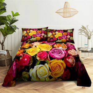 Conjunto de cama de poliéster com estampa digital de flor bonita 0.9/1.2/1.5/1.8/2.0m lençol plano com fronha conjunto de cama estampado