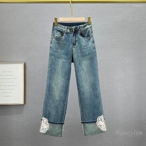 Frauen Jeans Chinesischen Stil Denim Gerade Bein Weibliche Mode 2024 Frühling Und Sommer Kleidung Hohe Taille Stickerei Cropped Hosen