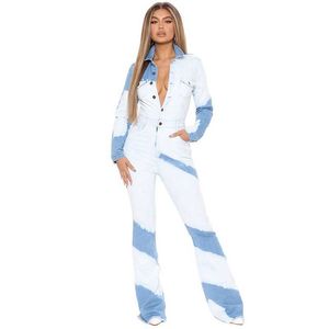 Light Wash Stretch Functional Pockets Long Sleeve Wide Leg Tie Dye Denim Jumpsuit