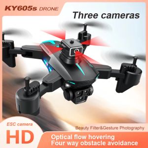 KY605S MINI DRON 4K HD 3カメラ4ウェイ障害物回避UAVドローン長距離ヘッドレスモード光フローホバーFPVドローン