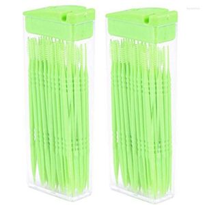 Spoons 100 Pcs Plastic Toothpicks 2 Way Tooth Picks Interdental Brush Cleaners Portable Box Random Color