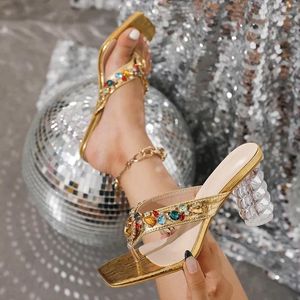 Slippers Fashion Crystal Heels Women Square Toe Clip Slides Shoes Summer Flip Flops Clear Rhinestone Slingback Sandals