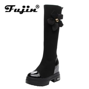 Botas Fujin 9,5cm Spandex Treno Fabric Plataforma de verão Cedas de joelho Botas altas zip woman moda Flor moderna