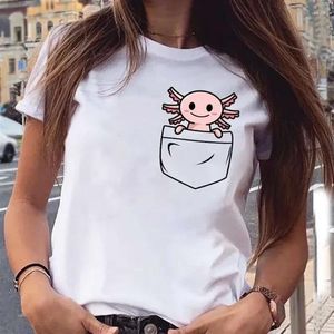 Mulheres Camisetas Mulheres Roupas 2024 Engraçado Axolotl Bolso Impressão Camisetas Top Branco Femme Manga Curta Camiseta Y2K Tops