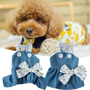 Dog Apparel Summer Denim Pet Dress With Bow Button Flower Design Soft Cat Halter For Yorkies Pomeranians Shih Tzus Maltese And Poo