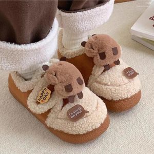 Sapatos de caminhada bonito capivara chinelos de pelúcia diversão feminino fofo sola grossa botas de neve senhoras inverno casa quente antiderrapante cordeiro velo algodão