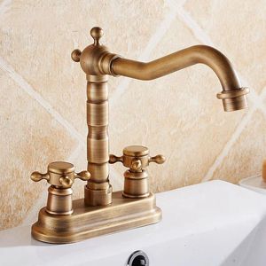 Bathroom Sink Faucets Antique Brass 4" Centerset Kitchen Vessel Two Holes Basin Swivel Faucet Dual Cross Handles Water Tap Anf426