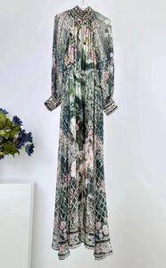 Abiti casual Abito lungo in seta 2024 Stile primaverile Donna Affascinante stampa floreale Perline Deco Manica Lunghezza pavimento Maxi Splendido