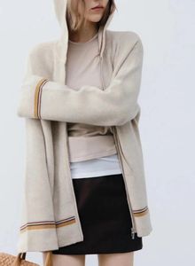 Women's Knits 2024 Spring Women Contrasting Color Zipper Hooded Cashmere Wool Knitted Cardigan Jacket