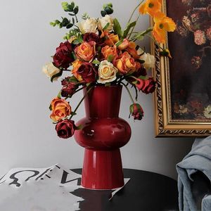 Vasos vintage vaso de cerâmica vermelho círculo geométrico arranjo floral acessórios flor porcelana artesanato decoração para casa