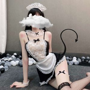 Night Fun Sexy Lingerie Uniforme Tentação Conjunto Transparente Lace Headband Avental Maid