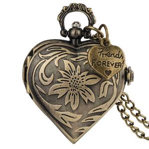 Old Fashion Pocket Watch Alloy Heart Case Antique Quartz Analog Display Clock With Pendant Necklace Chain Collectible