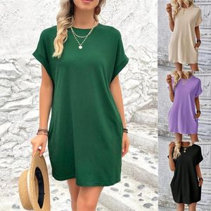 Abiti casual Elegante abito vintage solido Donna Lady Summer O-Collo Manica corta Tasca Dolce bellezza Abbigliamento da lavoro Vestido