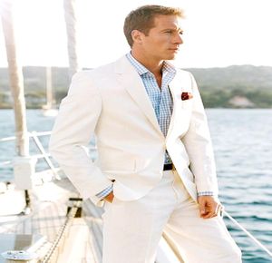 2015 White Linen Blazer Custom Made Linen Suit Sharp Look skräddarsydd brudgum Dräkt Skräddarsydda män Linne kostymer för bröllopsboxar för ME3093976