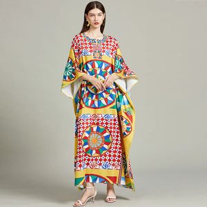 Casual Dresses Spring Summer Summer Runway Irregular Loose Dress Women's Bawting Sleeve Colorblock Print Holiday Beach Side Split Long Robe Vestidos 2024