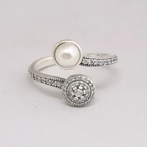 Cluster Rings Genuine 925 Sterling Silver Luminous Glow White Crystal Pearl CZ Ring Compatible With European Jewelry