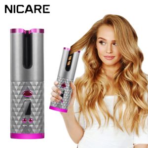 Irons Nicare Cordless Automatic Rotating Hair Curler Ceramic Curling Iron LED Display 6 Temperaturjusterbar bärbar hårstylare