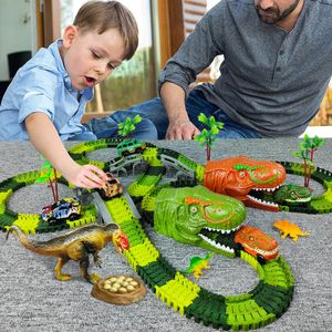 Eisenbahn-Rennstrecke-Spielset, pädagogisches DIY-Biege-Flexibles Rennen, elektronisches Blitz-LED-Licht, Auto-Dino-Spielzeug für Kinder 240313