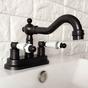 Badezimmer-Waschtischarmaturen, schwarz, mit Öl eingerieben, 10,2 cm, mittig angeordnetes Messing-Küchengefäß, zwei Löcher, Becken, drehbarer Wasserhahn, Doppelgriffe, Wasserhahn, Ahg072