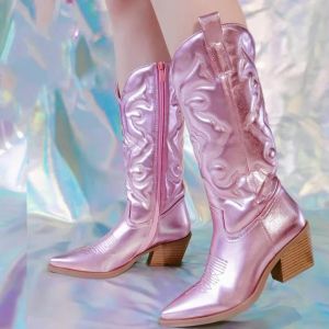 Boots Pink Cowboy Cowgirl Western Boots For Women 2022 Zip Embroidered Pointed Toe Stacked Heel Mid Calf Autumn Trendy Boots Shoes