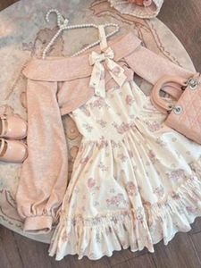 Sweet Bow Corduroy Long Sleeve Top Y2K Gentle Slim midja Bottom Camisole Floral Dress Spring Two Piece Set 240323