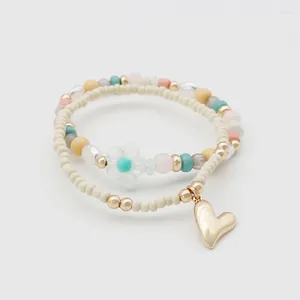 Charm Bracelets 2 Strands Set For Women Colorful Acrylic Glass Beads Elastic Fashion Jewelry Cute Love Heart Pendant Gifts Party MQ014